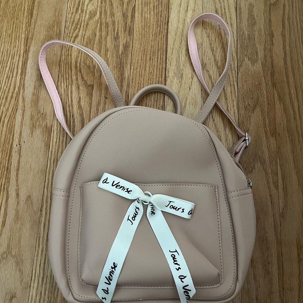 Beige Faux Leather Mini Backpack with White Bow